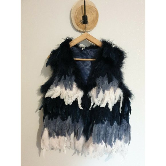 💋STUNNINGLY BEAUTIFUL💋 OMBRE BLUE & CREAM FEATHER FUR WAISTCOAT - Picture 6 of 15